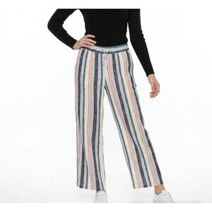 OLD NAVY Linen Pants Women Small Striped Straight Leg Pull-On Drawstring Casual